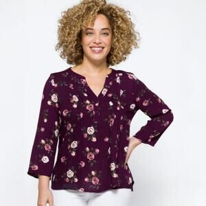 NWT Monday Fun Purple 3/4 Sleeve Floral Blouse Sz Medium